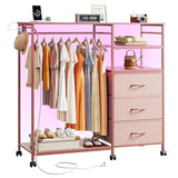 WLIVE Dresser for Bedroom with Clothes Rack, 3 Drawer Dresser with LED Lights & Charging Station, Fabric Dressers & Chest of Drawers, Storage Organizer with Open Shelves for Closet, Living Room, Pink WLIVE