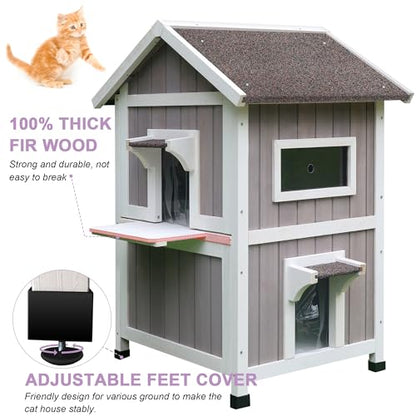 HiCaptain Outdoor Cat House for Feral Cats, Weatherproof Outside Cat Shelter Wooden 2 Story Large Kitty House with Escape Door - WoodArtSupply