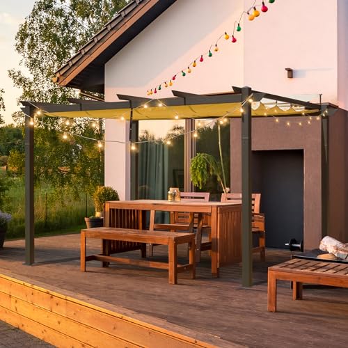 Domi Outdoor Living 9’ x 13’ Outdoor Retractable Pergola Against The Wall with Weather-Resistant Canopy Aluminum Garden Pergola Patio Grill Gazebo for Courtyard domi outdoor living