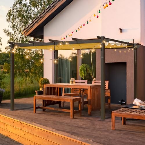 Domi Outdoor Living 9’ x 13’ Outdoor Retractable Pergola Against The Wall with Weather-Resistant Canopy Aluminum Garden Pergola Patio Grill Gazebo for Courtyard