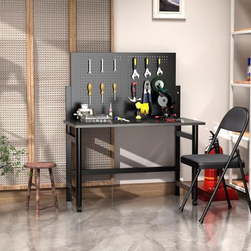 Heavy-Duty Foldable Wall-Mounted Workbench with Pegboard, 2000Lb Capacity Steel Work Table for Garage, Workshop, Warehouse, Home, Space-Saving Tool Storage, Black ExploreHorizon