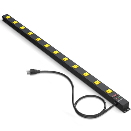 ZESEN 12 Outlet Long Power Strips Heavy Duty Garage Workshop Multi Wide Industrial Power Strip Surge Protector with 4ft Cord, ETL Certified, 1875W, Black ZESEN