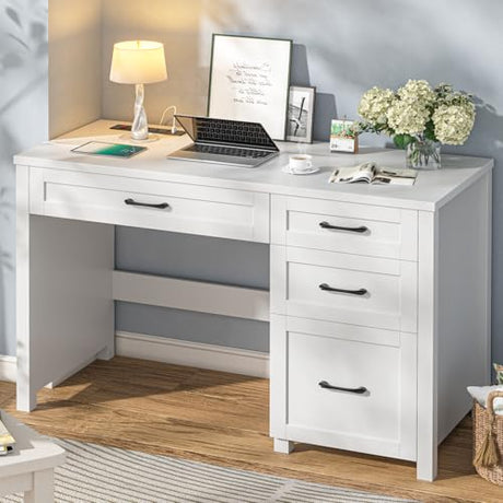 Vabches Farmhouse 47" Executive Desk, Computer Desk with File Drawer and Charging Station, Workstation for Home Office, Study.Cream White Vabches