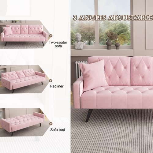 72" Pink Velvet Futon Couch Living Room Couch Bed Convertible Sleeper Sofa Bed with Cup Holder for Bedroom Guest Bed 2 Seater Reclining Sofas Couches with Nailhead Trim for Small Space (Pink) anwickjeff