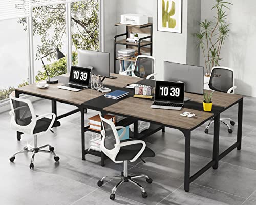 Tribesigns 90.55'' 2 Person Desk with Storage Shelves, Double Computer Desk with Spacious Desktop, Extra Long Study Writing Table Workstation for Home Office (Black & Gray) - WoodArtSupply