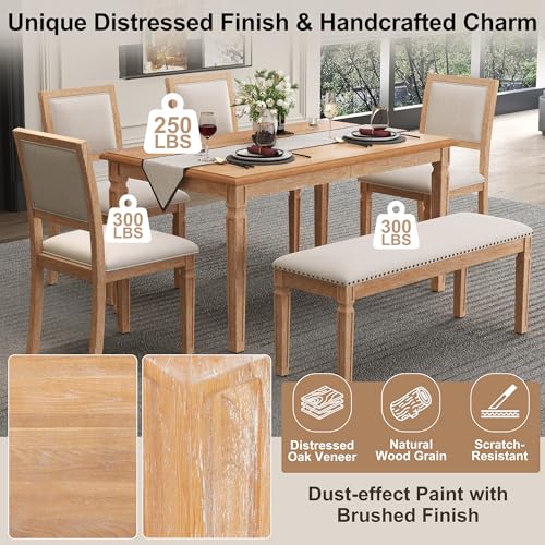 Merax Farmhouse Wooden Dining Set of 6, 72 Inch Extendable Kitchen Table, 4 Chairs with Backrest, 2-Person Bench with Cushion, Rustic Kitchen Table Set w/Retro Carved Legs Natural Wood Wash Merax