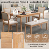 Merax Farmhouse Wooden Dining Set of 6, 72 Inch Extendable Kitchen Table, 4 Chairs with Backrest, 2-Person Bench with Cushion, Rustic Kitchen Table Set w/Retro Carved Legs Natural Wood Wash Merax