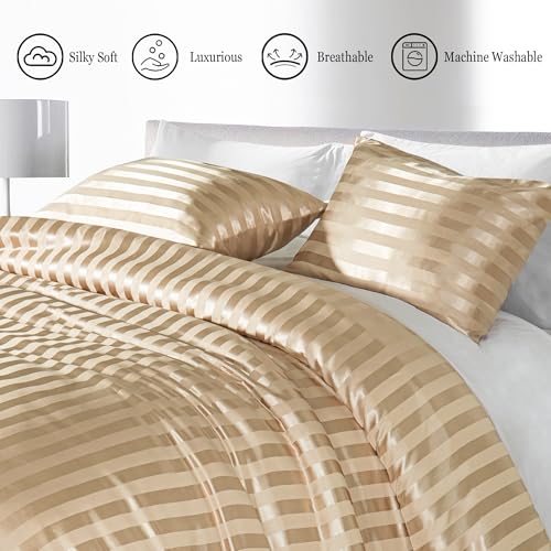 Whale Flotilla 3-Piece Reversible Silky Soft Queen Comforter Set, Luxury Stripe Satin Comforters Full Size Bedding Set with 2 Satin Pillowcases, Lightweight Duvet for All Seasons, Champagne Whale Flotilla