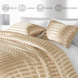 Whale Flotilla 3-Piece Reversible Silky Soft Queen Comforter Set, Luxury Stripe Satin Comforters Full Size Bedding Set with 2 Satin Pillowcases, Lightweight Duvet for All Seasons, Champagne Whale Flotilla
