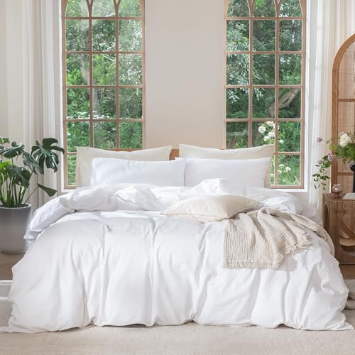 MooMee Bedding Duvet Cover Set 100% Washed Cotton Linen Like Textured Breathable Durable Soft Comfy (Solid Bright White, Queen 90"x90") MooMee