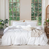 MooMee Bedding Duvet Cover Set 100% Washed Cotton Linen Like Textured Breathable Durable Soft Comfy (Solid Bright White, Queen 90"x90") MooMee