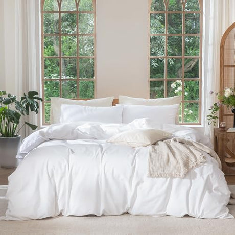 MooMee Bedding Duvet Cover Set 100% Washed Cotton Linen Like Textured Breathable Durable Soft Comfy (Solid Bright White, Queen 90"x90") MooMee