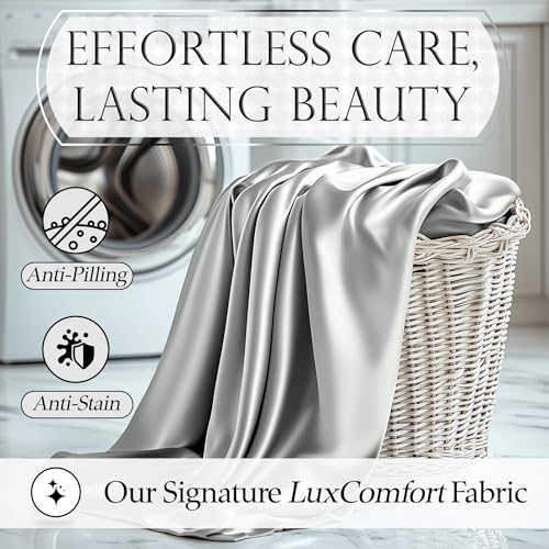 DECOLURE Satin Bed Sheets - 4 Piece Luxury Silky King Size Bedding Set - Softer Than Silk, Wrinkle-Free with 15” Deep Pocket Fitted Sheet, Perfect for Hair & Skin, Gifts for Women (Grey) DECOLURE