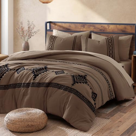 MaiRêve Embroidery Comforter Set, Boho Farmhouse Western Bedding Set, All Season Bed in A Bag Comforter Set with Sheets, Pillowcases & Shams, Brown King 7 Pieces MaiRêve
