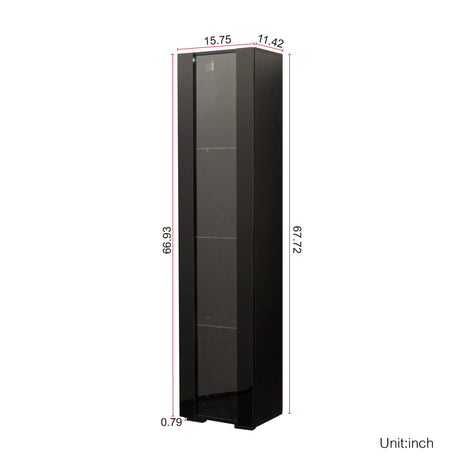 Modern Display Cabinet with Lights, 67" LED Storage Cabinet with Doors and Adjustable Glass Shelves, 4 Tier High Glossy Tall Black Bookcase with Storage, Kitchen Pantry Storage Cabinet (Black) Henf