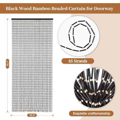 Boshen Handmade Bamboo Beaded Curtains for Doorways, 65 Strands 35.5x78.7inch Natural Wood Boho Hanging Door Beads Curtains Room Divider for Home Decor Hallway Window(Black) Boshen