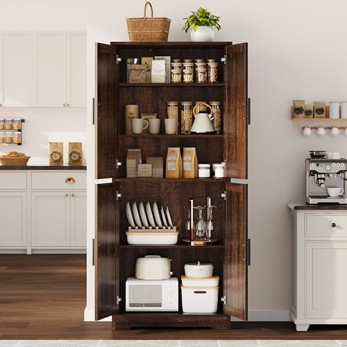 GarveeLife 70" Tall Kitchen Pantry,Farmhouse Storage Cabinet with Adjustable Shelves,Farmhouse Pantry Cabinet with 4 Barn Doors, for Kitchen,Dining Room,Living Room.(Rustic Brown) GarveeLife