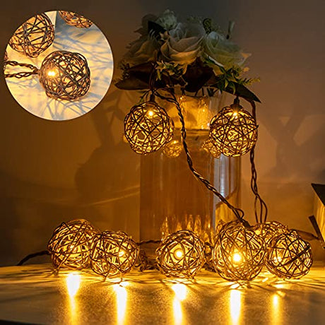 Vigdur Decorative - Rattan Ball String Lights with 10 Led Bulbs Connectable Indoor Outdoor Lantern Lights for Bedroom Wedding Garden Party Backyard Decor,9.84FT Vigdur