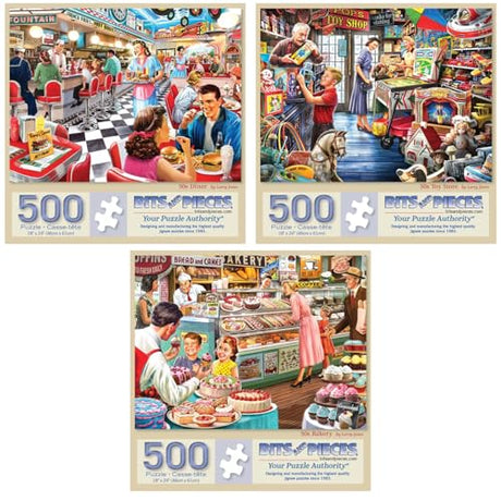 Bits and Pieces Set of 3 Jigsaw Puzzles 500 Pieces, Nostalgic Shopping Set Bits and Pieces