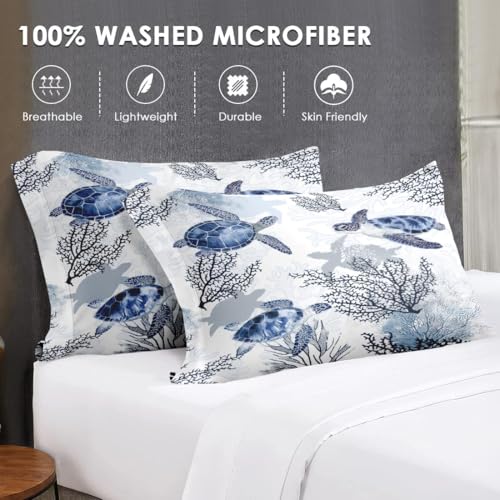 WeCozy Twin Size Comforter Set with Pillowcase, Animal Blue Turtle Sea Coral Soft 2 Pcs Bedding for Kids and Adults Bedroom Bed Decor WeCozy