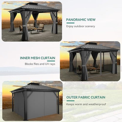 YITAHOME 12x12ft Hardtop Gazebo with Nettings and Curtains, Heavy Duty Double Roof Galvanized Steel Outdoor Combined of Vertical Stripes Roof for Patio, Backyard, Deck, Lawns, Gray - WoodArtSupply