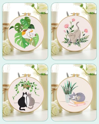 ERKOON 4 Sets Embroidery Kit for Beginners,Hummingbird and Flower Cross Stitch Set for Include Embroidery Cloth Hoops Threads for Craft Lover Hand Stitch (Cat) ERKOON