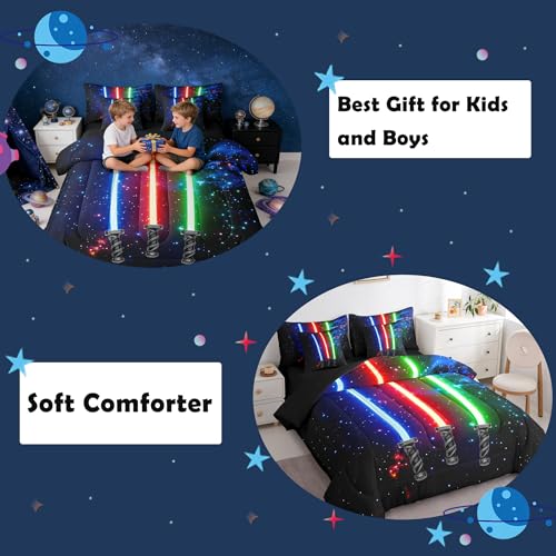 Feelyou 3D Galaxy Lightsaber Comforter Set with Sheets Green Blue Red Lightsaber 7 Piece Bedding Set Full Size for Kids Boys Girls Bedroom Bed Decor Lightsaber Bed in a Bag Neon Lightsaber Bed Set Feelyou