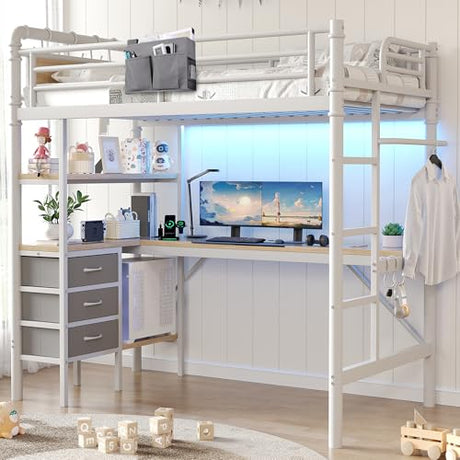 Jocoevol Twin Size Loft Bed with L-Shaped Desk, LED Lights,Charging Station, Industrial Heavy Duty Metal Loft Bed Frame with 3 Storage Shelves and 3 Fabric Drawers, Safety Guard & Ladder, White Jocoevol