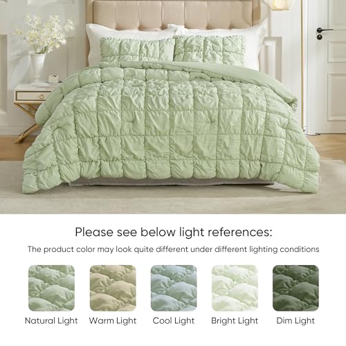 Amélie Home Sage Green Bubble Comforter Set King Size, 3 Pieces Ultra Soft Cozy Bedding Set for All Seasons, Farmhouse Luxury Gift for Women Home Decor Amélie Home