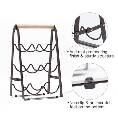 HMKAIJUFUL Wine Rack, 6 Bottle Wooden Countertop Free Standing Shelf,3 Tier Bottle Holder Stand for Home Bar Tabletop, Cabinet Inserts, Kitchen, Wine Cellar Storage No Assembly(Black) HMKAIJUFUL