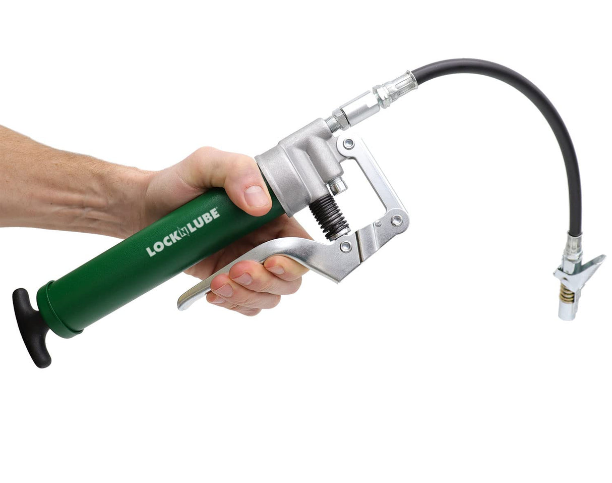 LockNLube Mini Grease Gun Kit. Includes Our Patented Grease Coupler (Locks on, Stays on, Won't Leak!) Plus a 12 Hose and in-line Hose Swivel. LockNLube
