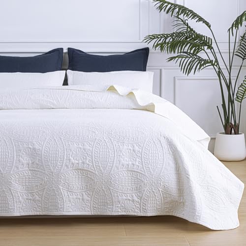 SheRest Twin Quilt Bedding Set - White Soft Breathable Bed Quilt, Modern Style Embossed Bedspreads, Lightweight Microfiber Reversible Coverlet for All Seasons - 1 Quilt, 1 Pillow Sham SheRest