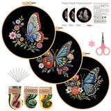 Konrisa Flower Butterfly Embroidery Kits for Adults, Stamped Embroidery Starter Kit with Hoop,DIY Sewing Needlepoint Cross Stitch Kit, Set of 3