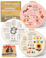 Hi-YomiLaugh 3 Pack Beginner Embroidery Kit & Cross Stitch Kits for Adults, Needles & Tools, Easy Needlepoint Set with Step-by-Step Instructions & Video Tutorial (Floral Garden)