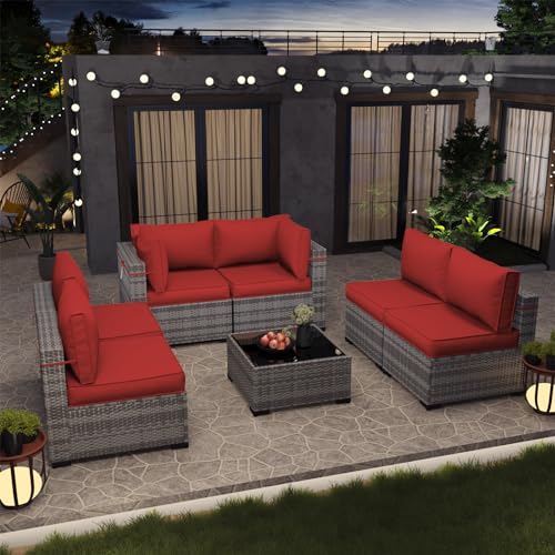 Amopatio Patio Furniture Set, Outdoor Patio Furniture Wicker Furniture, 7-Pieces Outdoor Sectional Sofa with Patio Furniture Cover, Outdoor Patio Set for Home Furniture (Light Red)