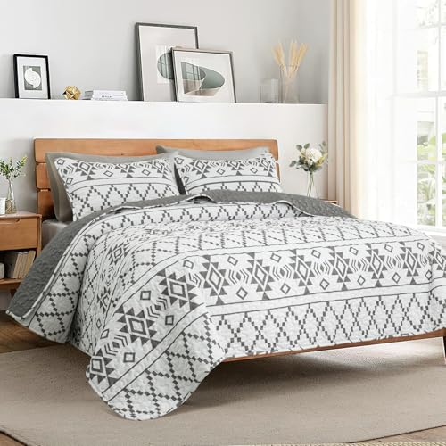 Whale Flotilla Twin Quilt Set - Reversible White Quilts Twin Size with 1 Pillow Sham, Lightweight Boho Striped Bedspreads Coverlet Bedding Set for All Seasons Whale Flotilla