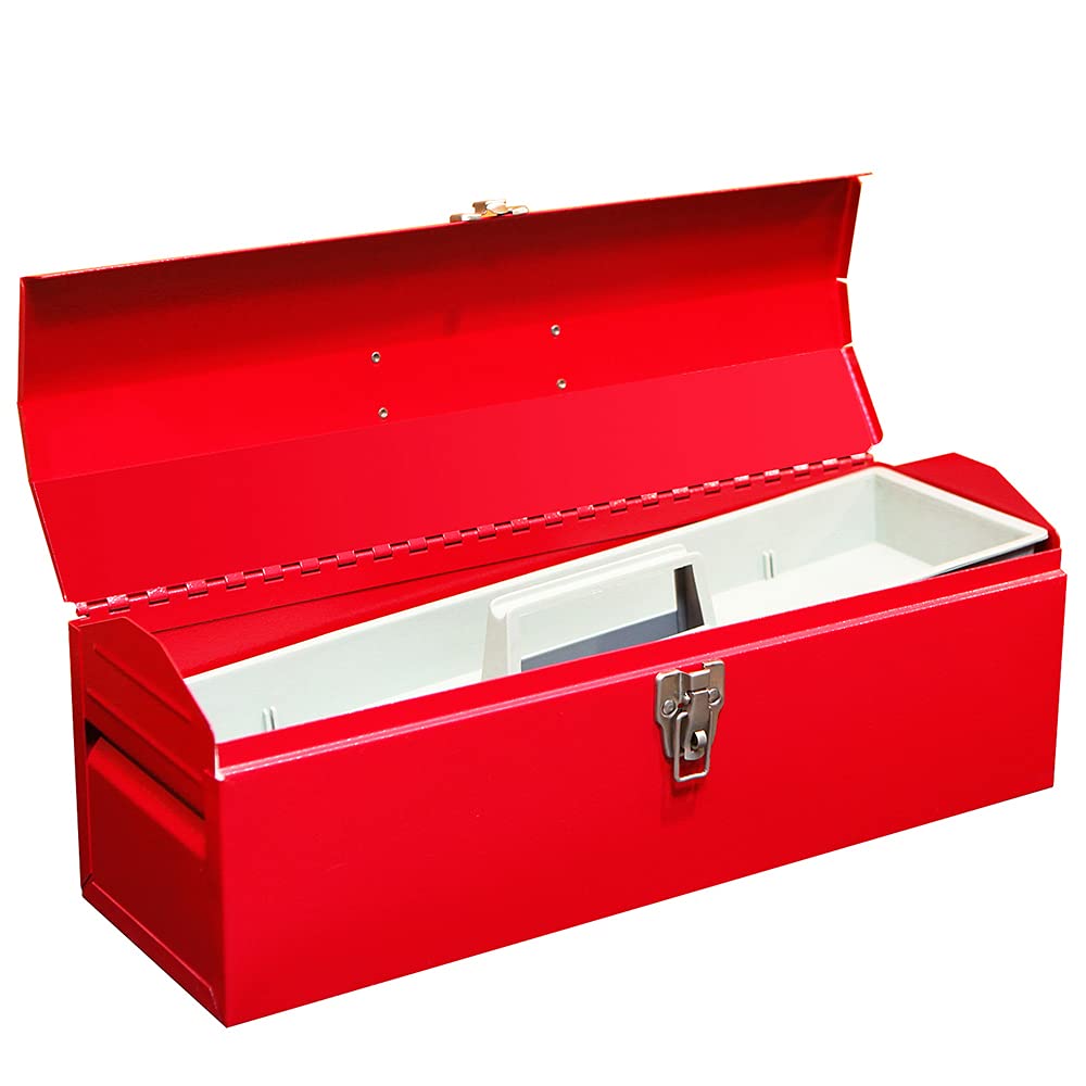 HPDMC Red Hip Roof Style Portable Steel Tool Box with Metal Latch Closure and Removable Storage Tray, 19.1" L x 6.1" W x 6.5" H HPDMC