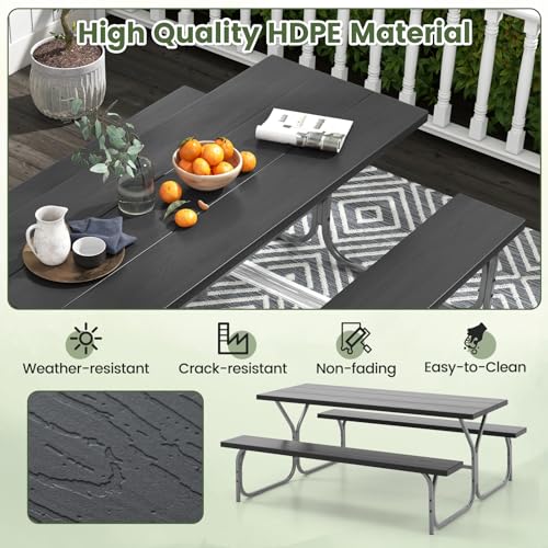 Giantex Picnic Table 6FT for 8 Person, Outdoor Table Set w/ 2 Benches, All-Weather HDPE Rectangular Tabletop, Heavy Duty Metal Legs, Umbrella Hole, for Patio Yard Lawn Party (Black) Giantex