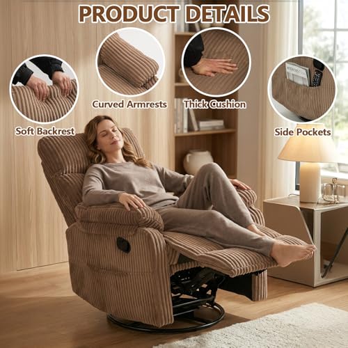 Manual Small Recliner Rocking Chair for Nursery/Relaxation, Corduroy Swivel Glider Recliner for Living Room Bedroom, Brown Rocking Chair Nursery Recliners for Small Spaces, Side Pockets (Brown)