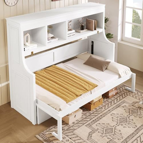 Twin Size Murphy Bed with Hidden Foldable Bed & Desk & Storage Shelves,Wood Folding Hideaway Wall Bed Cabinet with Space-Saving for Small Space Apartments Guest Room,No Box Spring Needed,White FUvellamo
