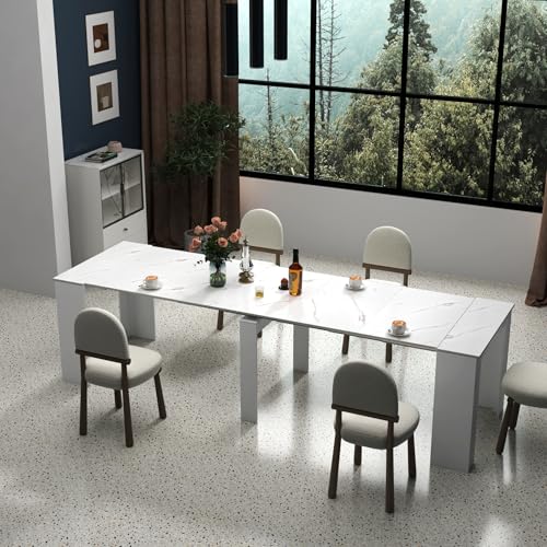 HOMBIX Expandable Dining Table, Transformer Console to Dining Table for 12, Folding Space Saving Dining Room Table with Elegant Marble Top, Marble White HOMBIX