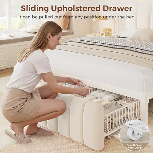 Jocoevol Full Size Bed Frame with Storage Headboard,Upholstered White Bed Frame Full with Storage Drawers and Charging Station,Velvet Platform Metal Bed, Noise-Free No Box Spring Needed Jocoevol
