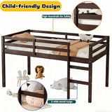 Mirightone Low Loft Bed Twin Size, Wood Junior Loft Bed Frame with Ladder for Kids Girls Boys Teens, Solid Rubberwood, Espresso Mirightone