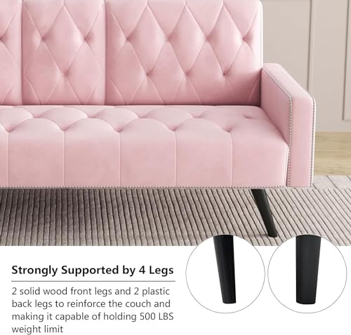 72" Pink Velvet Futon Couch Living Room Couch Bed Convertible Sleeper Sofa Bed with Cup Holder for Bedroom Guest Bed 2 Seater Reclining Sofas Couches with Nailhead Trim for Small Space (Pink) anwickjeff