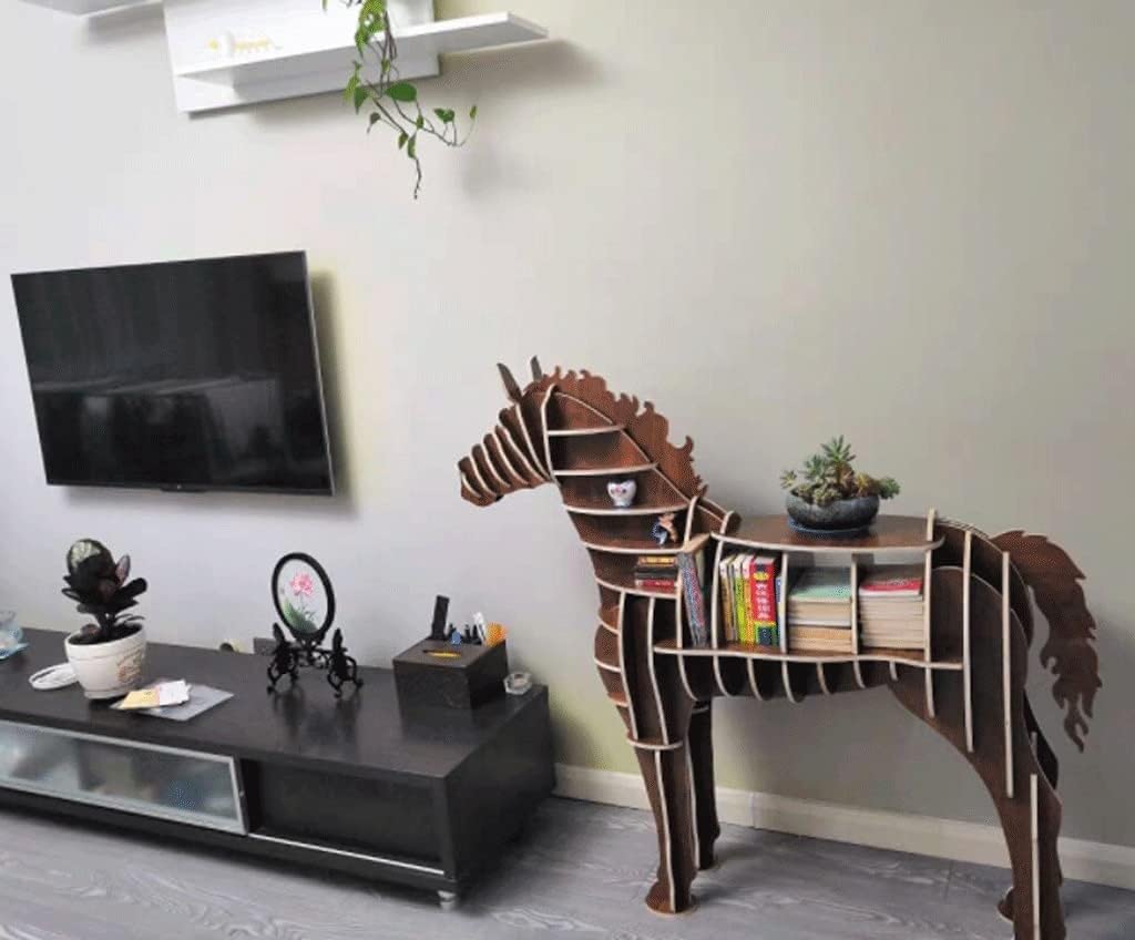 Rieort Fashion Bookshelf Solid Wood Bookshelf Horse Shaped Bookcase Creative Storage Display Cabinet Bookshelves Large Capacity Design Rack Bookcase not Shaking Rieort