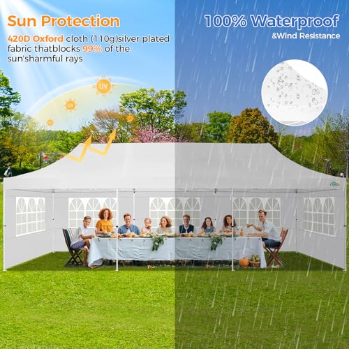 COBIZI 10x30 Pop up Canopy with Roller Bag & 8 Removable Sidewalls, Canopy Tent for Parties, Wedding, and Commercials, Waterproof and Instant Shelter UV50+ Outdoor Gazebo with 4 Sandbags(White) COBIZI