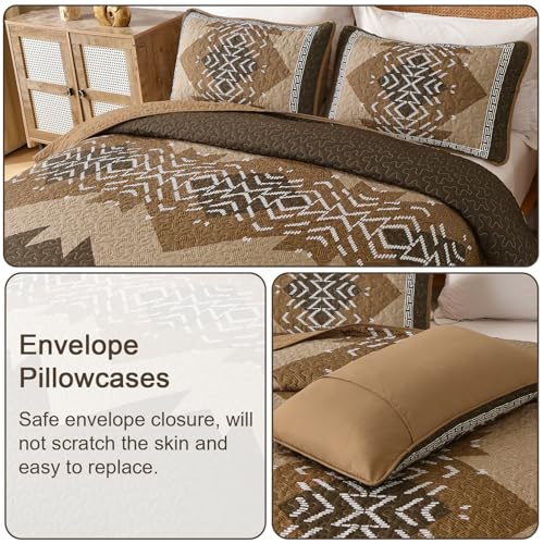 Dintszyayue Brown Quilt Set Queen Size,3 Piece Boho Aztec Texture Bedspread Coverlet Set Reversible Lightweight Bedding Set Geometric Bohemian Bed Cover with 2 Pillowcases(Dark Brown,90"x96") Dintszyayue