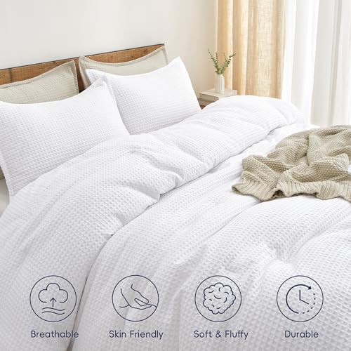 PHF Ultra Soft Waffle Weave Comforter Set King Size, 3 Pieces Lightweight Breathable Comfy Bedding Set, Comfy Textured 1 Comforter with 2 Pillow Shams, White PHF