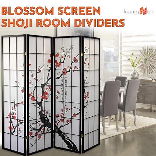 Legacy Decor 4-Panel Blossom Screen - Portable, Foldable Shoji Style Room Divider - Plum Blossom, Freestanding Room Privacy Dressing Screen - Temporary Wall Partition for Home, Office & Studio - Black Legacy Decor