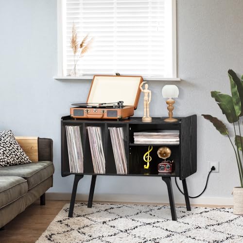 Lerliuo Record Player Stand with Charging Station Holds Up to 220 Albums, Large Turntable Stand with 4 Cabinet, Mid-Century Record Player Table,Black Vinyl Holder Storage Shelf for Bedroom Living Room Lerliuo